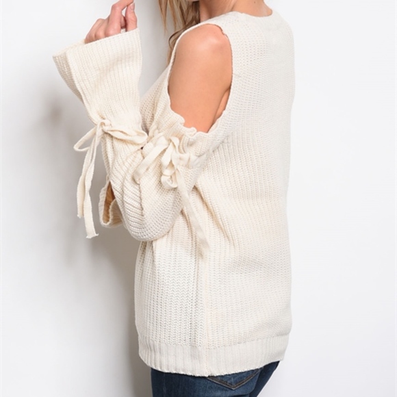 SALE! OATMEAL COLD SHOULDER BELL SLEEVE SWEATER - Picture 3 of 6